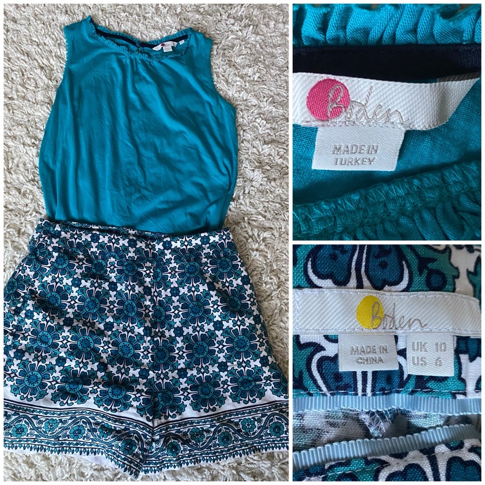 Teal Sleeveless Top with Floral Patterned Shorts